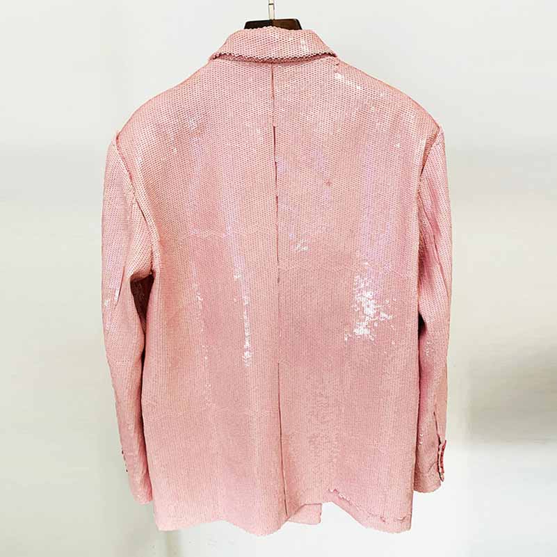 Women's Luxury Over-Size Pink-Color Sequinned Mid-length Blazer Coat, Performance costume