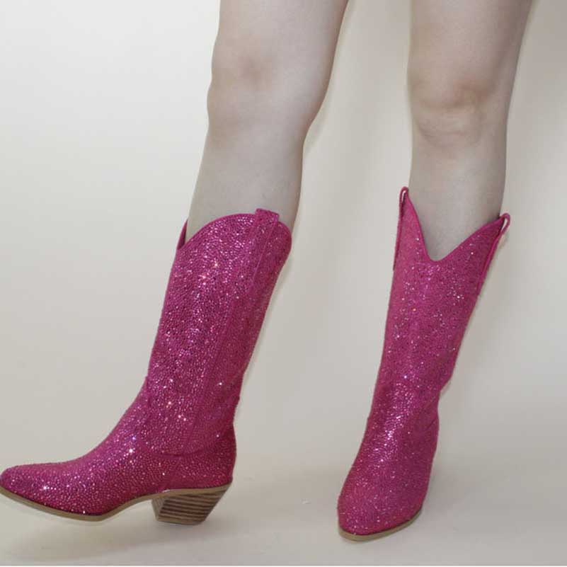 Women's Pink Rhinestone Sparkly Mid Calf Cowgirl Boots