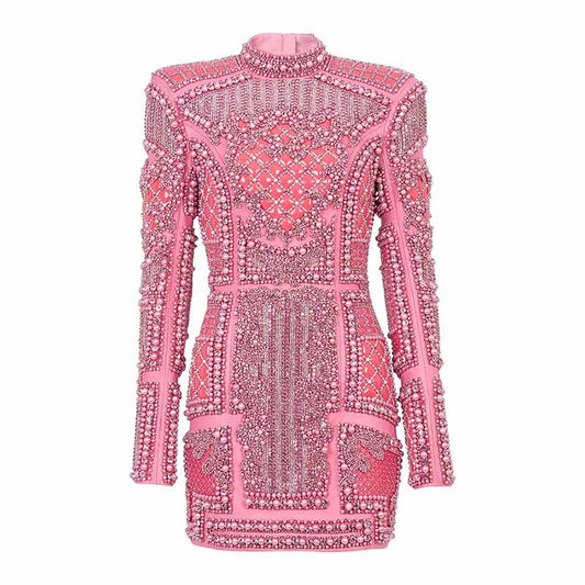 Pink Embellished Paddd-Shoulder Mini Dress