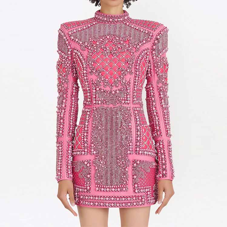 Pink Embellished Paddd-Shoulder Mini Dress