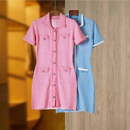 Lurex Knitted Mini Dress Short Sleeve Shirt Dress for Women
