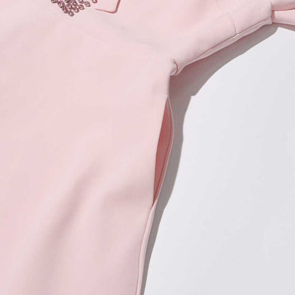 Women's Tea Length Cocktail Dress With Short Sleeves Pink Chic Dress With Bow Tie