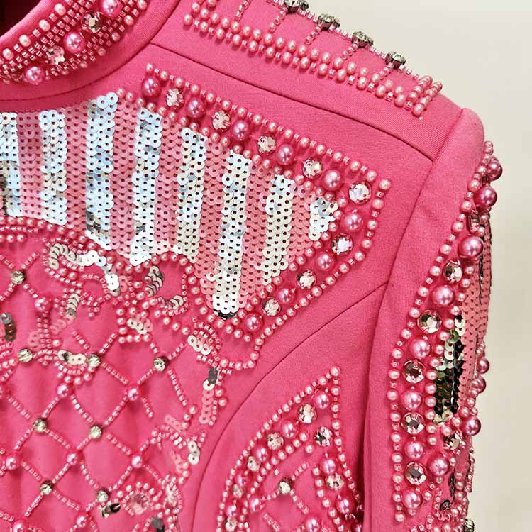 Pink Embellished Paddd-Shoulder Mini Dress