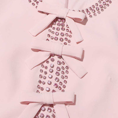 Women's Tea Length Cocktail Dress With Short Sleeves Pink Chic Dress With Bow Tie