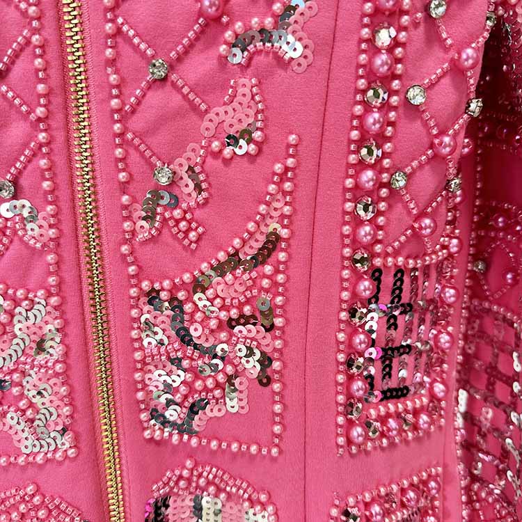 Pink Embellished Paddd-Shoulder Mini Dress