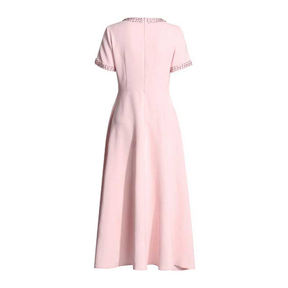 Women's Tea Length Cocktail Dress With Short Sleeves Pink Chic Dress With Bow Tie