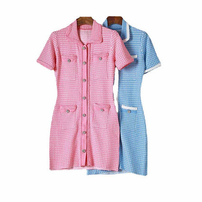 Lurex Knitted Mini Dress Short Sleeve Shirt Dress for Women