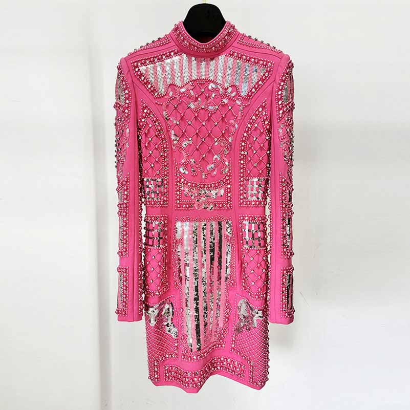 Pink Embellished Paddd-Shoulder Mini Dress