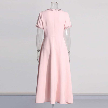 Women's Tea Length Cocktail Dress With Short Sleeves Pink Chic Dress With Bow Tie