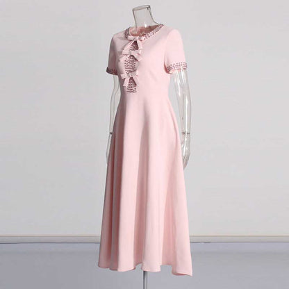Women's Tea Length Cocktail Dress With Short Sleeves Pink Chic Dress With Bow Tie