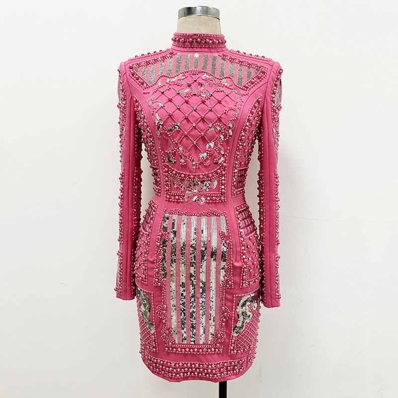 Pink Embellished Paddd-Shoulder Mini Dress