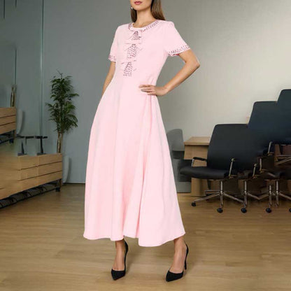 Women's Tea Length Cocktail Dress With Short Sleeves Pink Chic Dress With Bow Tie