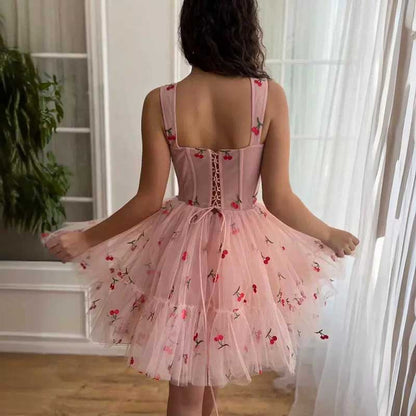 Pink Tulle Homecoming Dress Square-Neck Cute Prom Dress