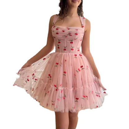 Pink Tulle Homecoming Dress Square-Neck Cute Prom Dress