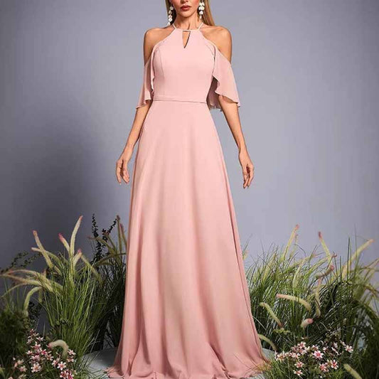 Pink Off the Shoulder A Line Long Dress – Elegant Wedding Guest & Bridesmaid Dress