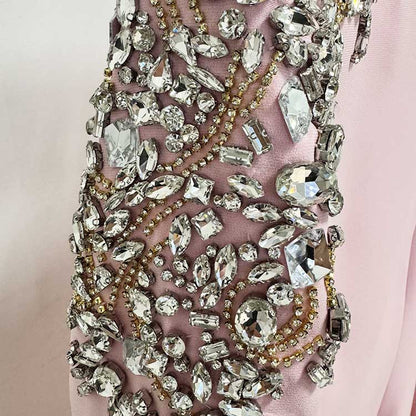 Women's Pink Midi Dress Crystal Beaded Tea Length Cocktail Dress