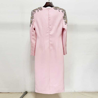 Women's Pink Midi Dress Crystal Beaded Tea Length Cocktail Dress