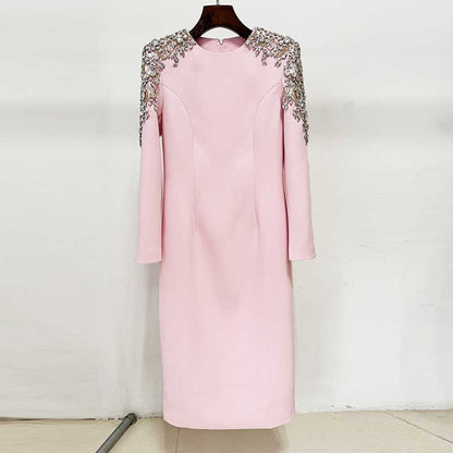 Women's Pink Midi Dress Crystal Beaded Tea Length Cocktail Dress