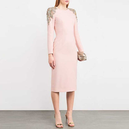 Women's Pink Midi Dress Crystal Beaded Tea Length Cocktail Dress