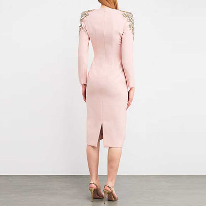 Women's Pink Midi Dress Crystal Beaded Tea Length Cocktail Dress