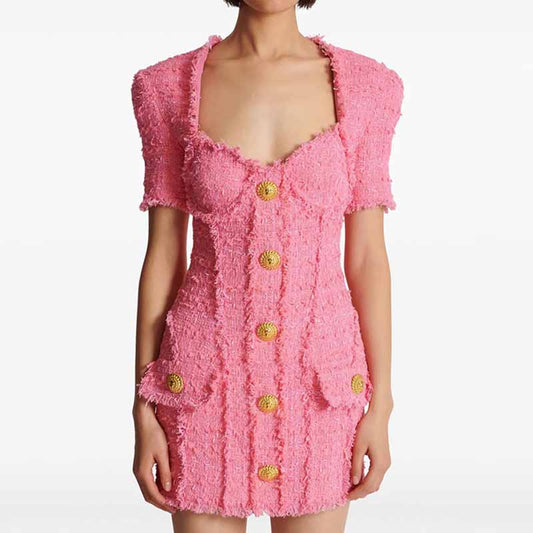 Pink Tweed Mini Dress with 7-Buttons