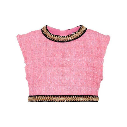 Women Chain-Trimmed Tweed Cropped Top Pink