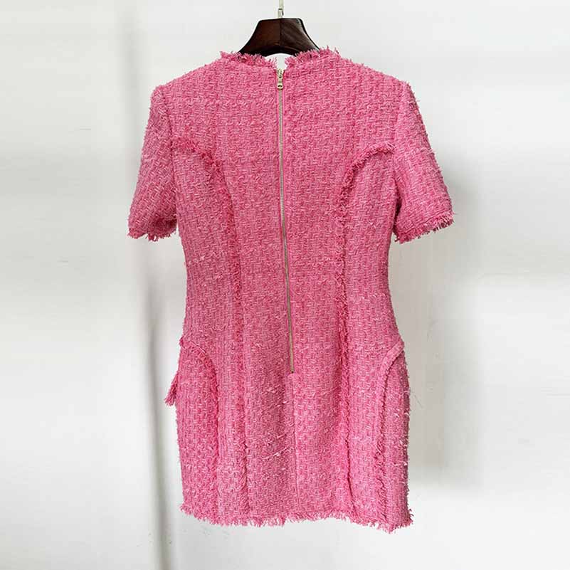 Pink Tweed Mini Dress with 7-Buttons