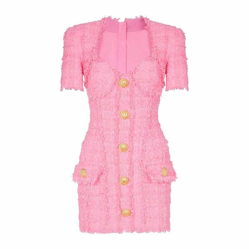 Pink Tweed Mini Dress with 7-Buttons