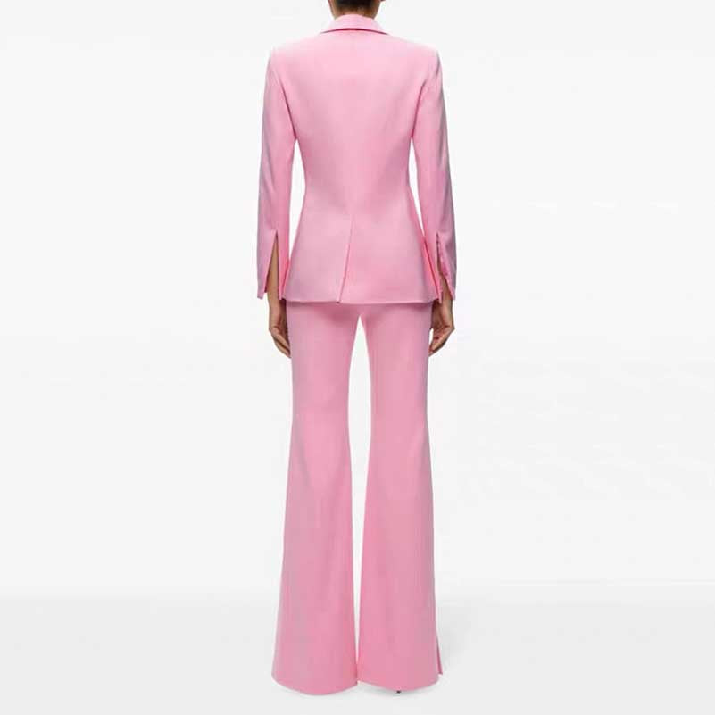 One Button Pink Blazer Mid Rise Flare Leg Split Pantsuit