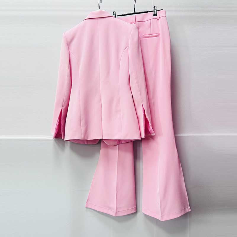 One Button Pink Blazer Mid Rise Flare Leg Split Pantsuit