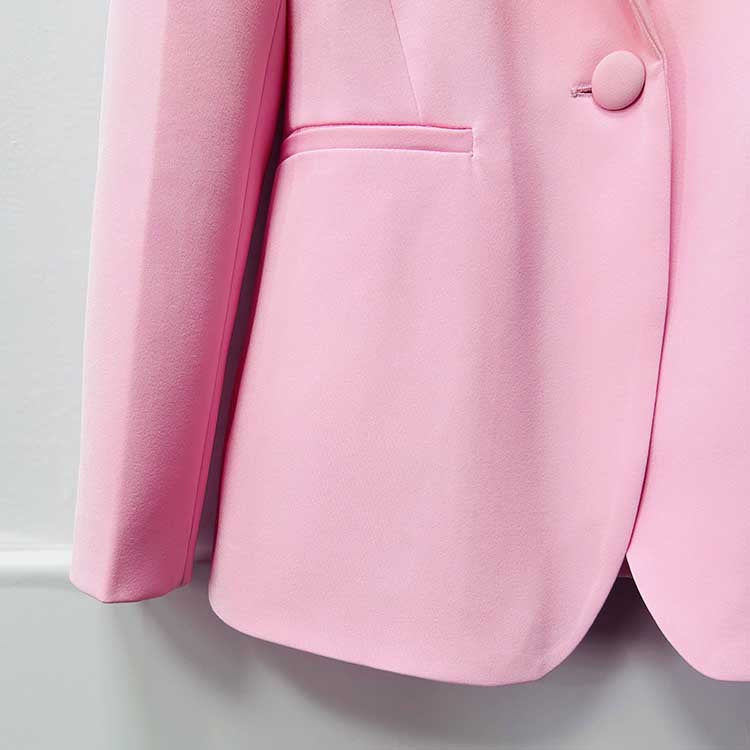 One Button Pink Blazer Mid Rise Flare Leg Split Pantsuit