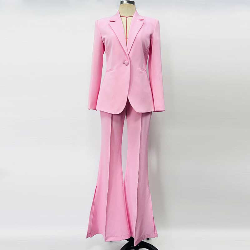 One Button Pink Blazer Mid Rise Flare Leg Split Pantsuit