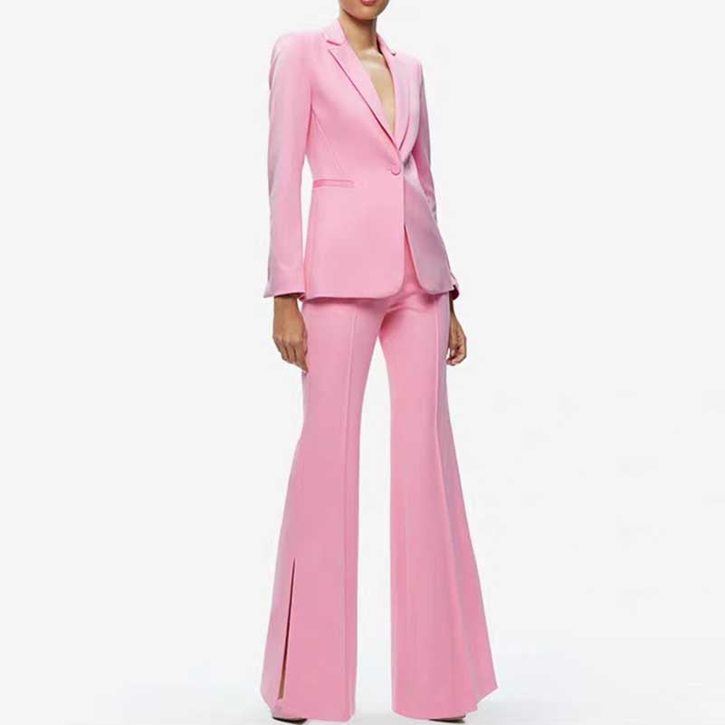 One Button Pink Blazer Mid Rise Flare Leg Split Pantsuit