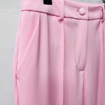 One Button Pink Blazer Mid Rise Flare Leg Split Pantsuit