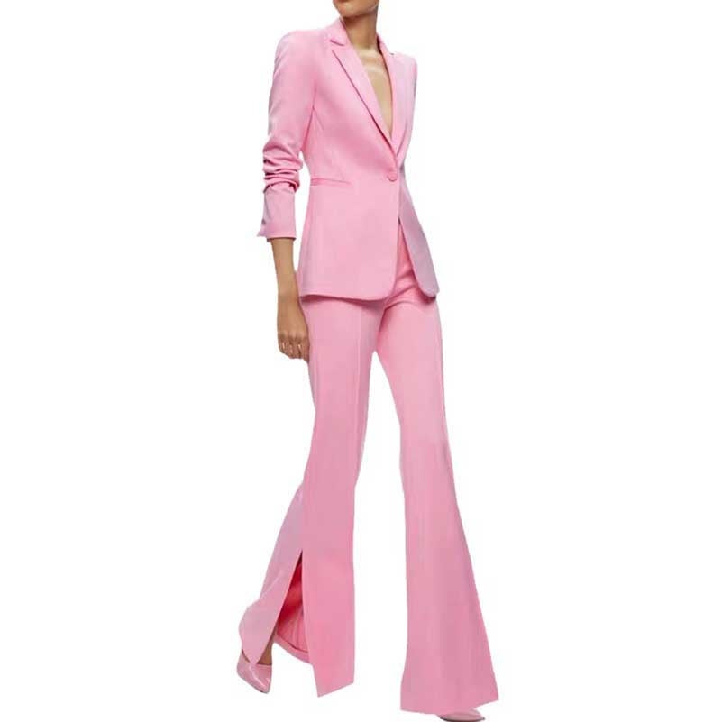 One Button Pink Blazer Mid Rise Flare Leg Split Pantsuit