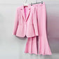 One Button Pink Blazer Mid Rise Flare Leg Split Pantsuit