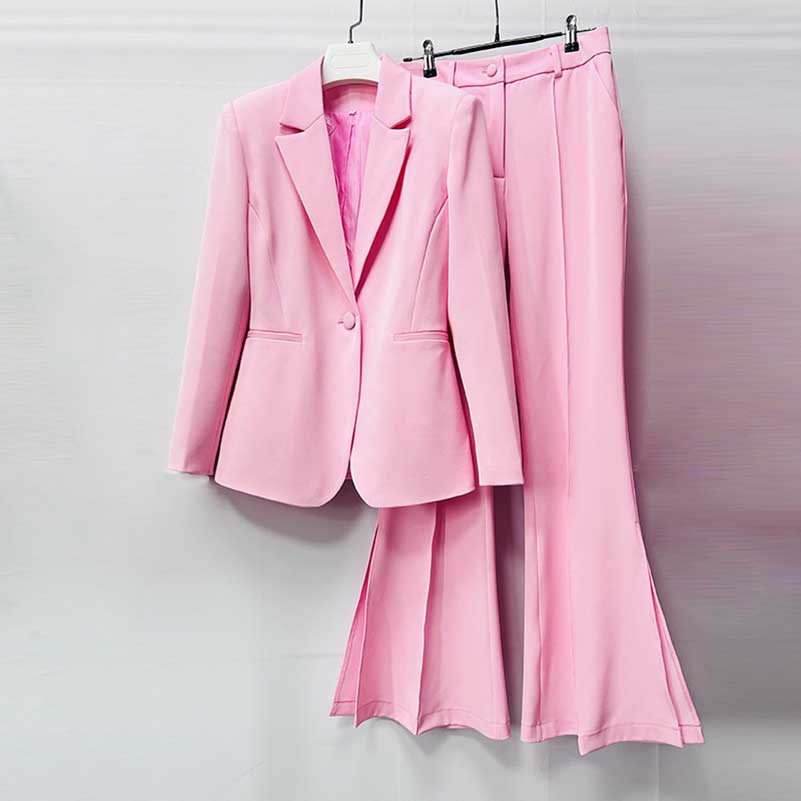 One Button Pink Blazer Mid Rise Flare Leg Split Pantsuit