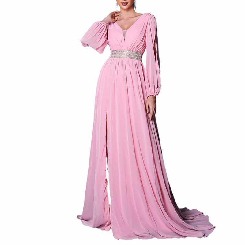 Long Sleeves Pink Prom Dress V Neck Evening Gown