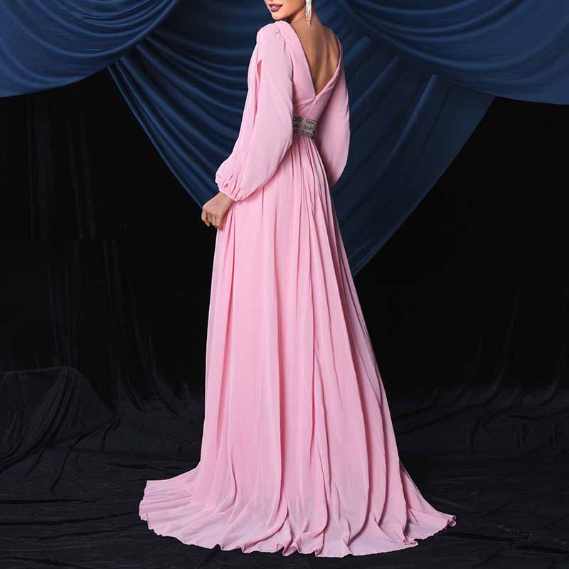 Long Sleeves Pink Prom Dress V Neck Evening Gown