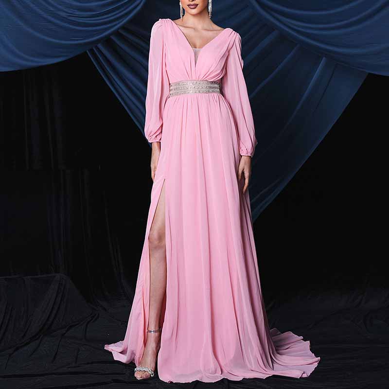 Long Sleeves Pink Prom Dress V Neck Evening Gown