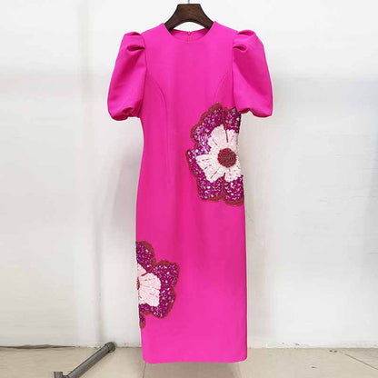 Sequin-Embellished Midi Dress With Puf-Sleeves