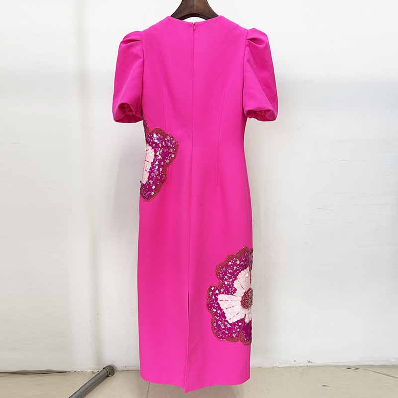 Sequin-Embellished Midi Dress With Puf-Sleeves