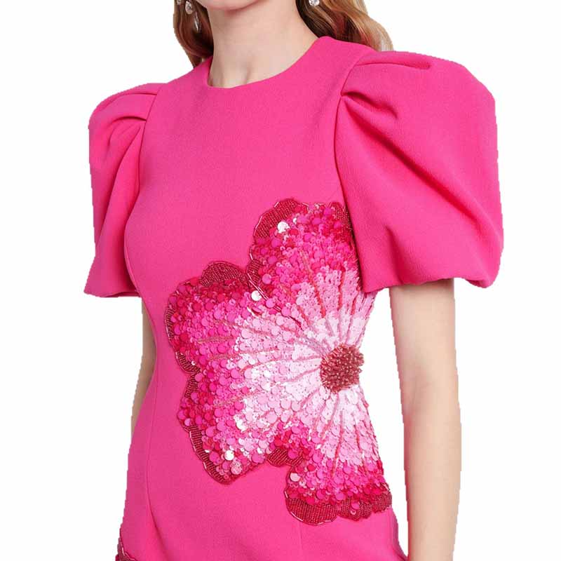 Sequin-Embellished Midi Dress With Puf-Sleeves