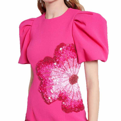 Sequin-Embellished Midi Dress With Puf-Sleeves