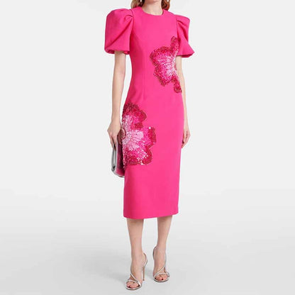 Sequin-Embellished Midi Dress With Puf-Sleeves