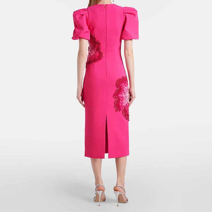 Sequin-Embellished Midi Dress With Puf-Sleeves