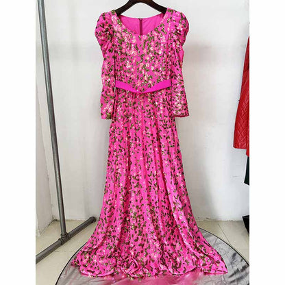 Pink Sequin Embellished Square-Neck Gown With Sleeves