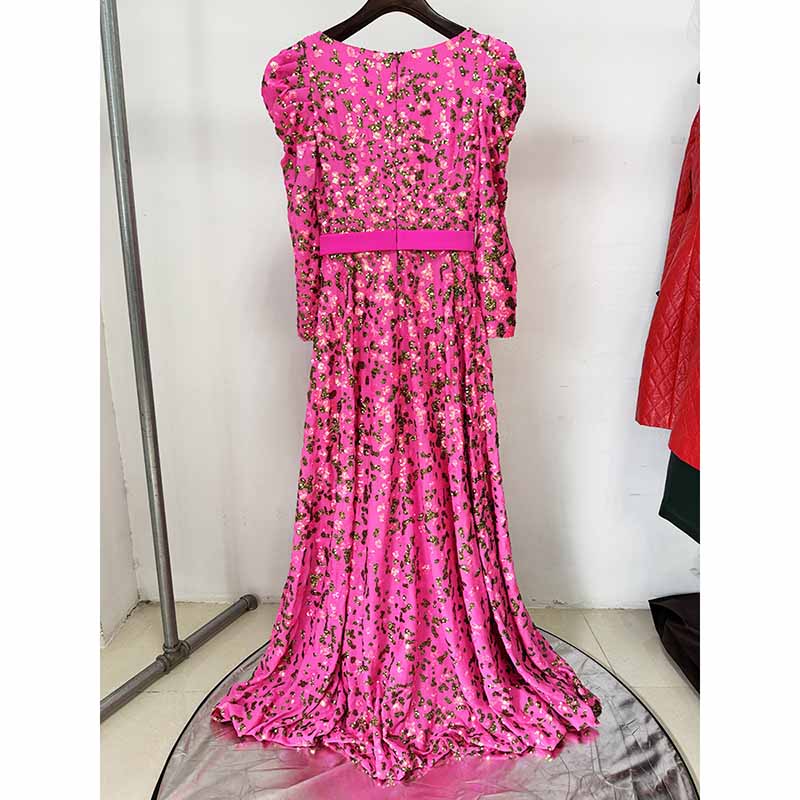 Pink Sequin Embellished Square-Neck Gown With Sleeves