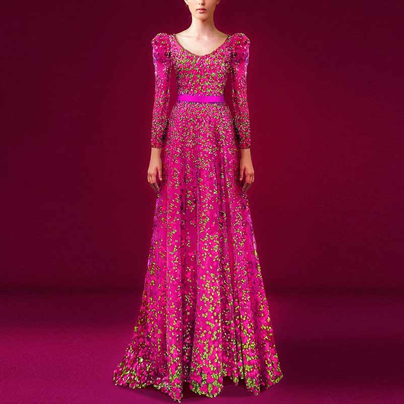 Pink Sequin Embellished Square-Neck Gown With Sleeves