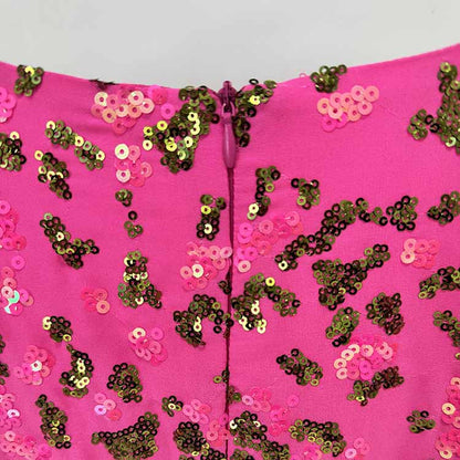 Pink Sequin Embellished Square-Neck Gown With Sleeves